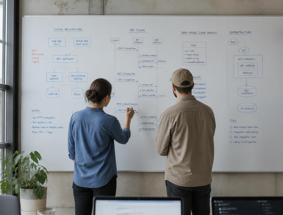 Engineers reviewing a system architecture and API flow diagram drawn on a whiteboard