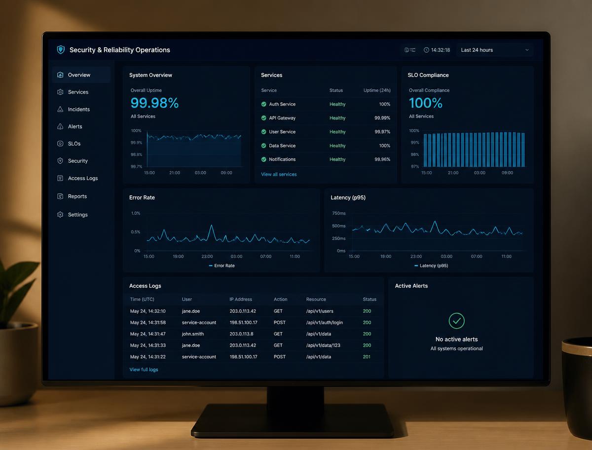 Operations dashboard showing uptime, error rate, latency and access log panels